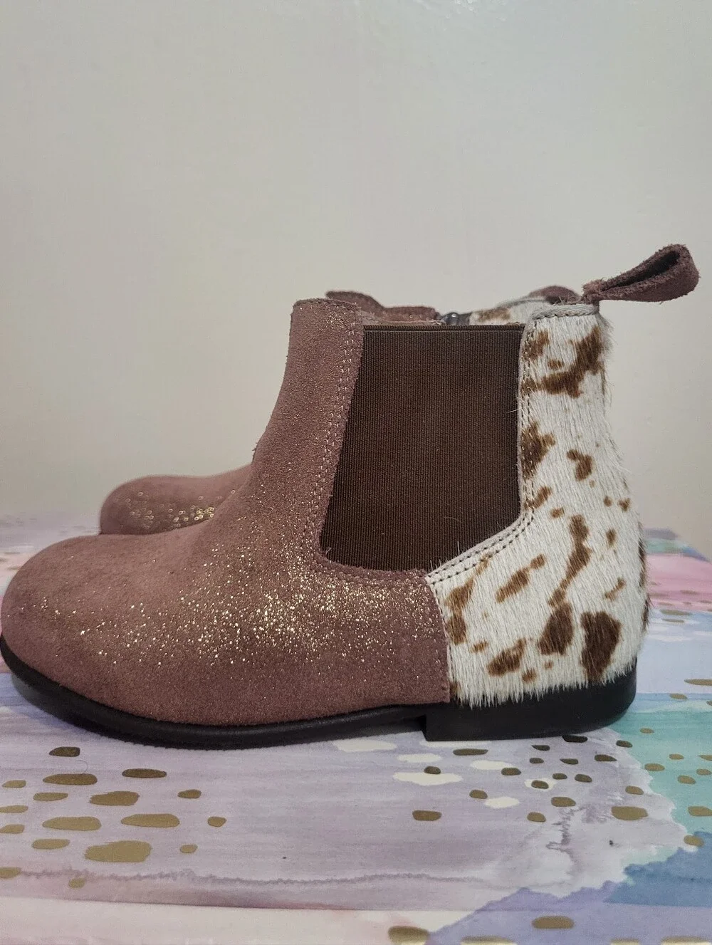 Pepe Children's Shoes Brown Glitter Chelsea Boots with Cowhide Accent Size 25